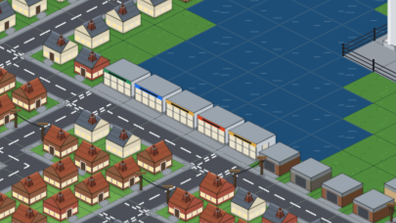 Screenshot of isometric view, mixture of houses, shops, and warehouses